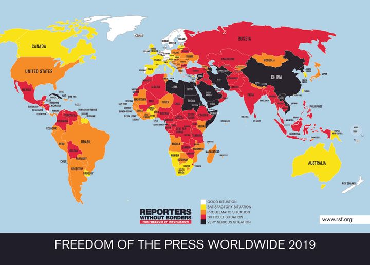 Pohjola erottuu sananvapauden kannalta parhaana alueena 18.4. julkaistussa Toimittajat ilman rajoja -järjestön (RSF) 2019 World Press Freedom -indeksissä. Länsi-Euroopassa tilanne on melko hyvä, Itä-Euroopassa pääosin ongelmallinen ja samaan kastiin on nyt ensi kertaa pudonnut myös Yhdysvallat. Venäjällä, Valko-Venäjällä, Turkissa ja Bulgariassa sananvapauden asema on huono. Maailman pahimmat alueet erottuvat kartasta mustana. Kuva: RSF