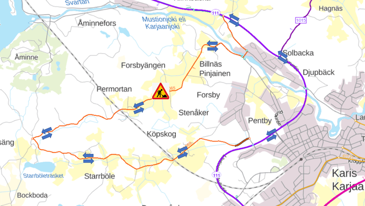 Sjösängsvägen (landsväg 11065) i Raseborg.