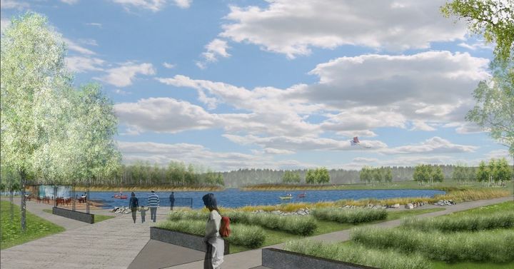Näkymä Kaivomestarinaukiolta uudelle järvelle ja rantapaviljongille. LOCI MAISEMA-ARKKITEHDIT OY.