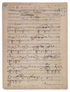 Belsazarin pidot -näytelmämusiikkisarjan sovitus pianolle, ensimmäinen nuottisivu (Sibeliuksen käsikirjoitus) kustantamon merkinnöin