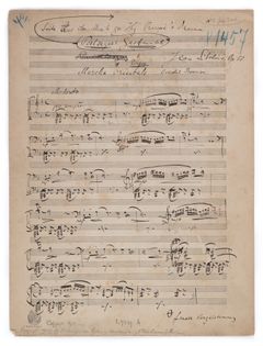 Belsazarin pidot -näytelmämusiikkisarjan sovitus pianolle, ensimmäinen nuottisivu (Sibeliuksen käsikirjoitus) kustantamon merkinnöin