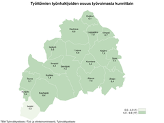 Maakunnan alhaisimmat työttömien työnhakijoiden osuudet olivat Isojoella (4,5 %), Kuortaneella (5,4 %) ja Ilmajoella (5,4 %)