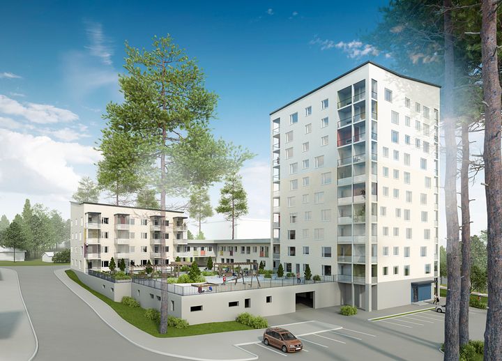 Havainnekuva senioritalosta ja lähiympäristöstä.