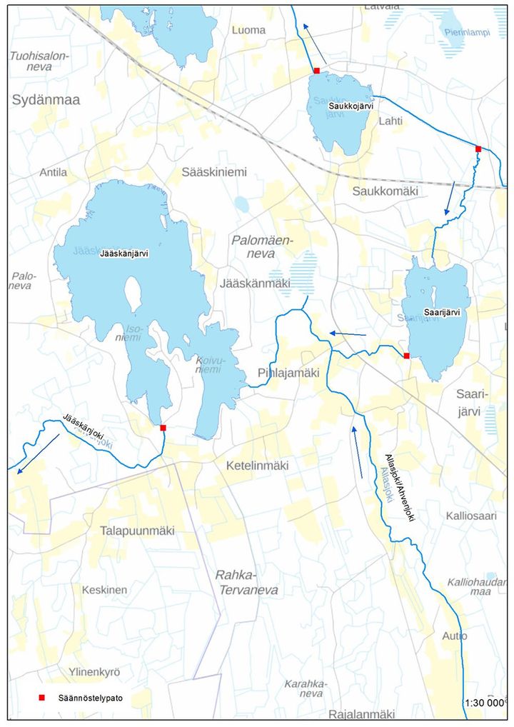 Jääskänjärven säännöstelypadon sijainti sekä uomien virtaussuunnat.