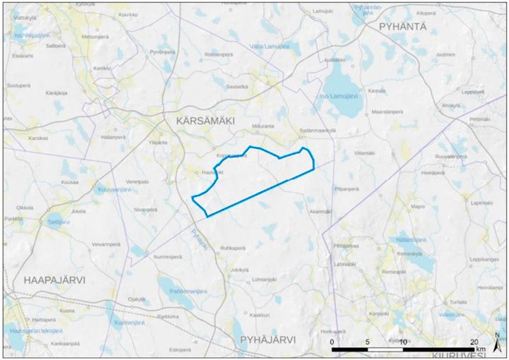 Halmekankaan tuulivoima-alueen seudullinen sijainti. Hankealueen alustava rajaus on merkitty karttaan sinisellä viivalla.