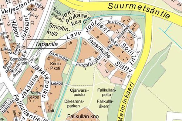 Fallkullan kiilan alue sijoittuu Jäkälätien, Joutsentien ja Joutsenraitin sekä Suurmetsäntien väliin.