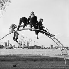 Barn som leker på en klätterställning på Tjärholmen, 1969. Bild: Volker von Bonin / Helsingfors stadsmuseum