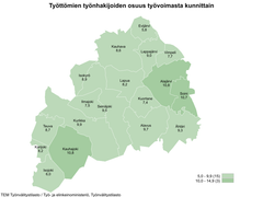 Työttömien työnhakijoiden osuus Etelä-Pohjanmaan työvoimasta oli 9,2 prosenttia. Maakunnan alhaisimmat työttömien työnhakijoiden osuudet olivat Evijärvellä (5,8 %), Isojoella (6 %) ja Kuortaneella (7,4 %).