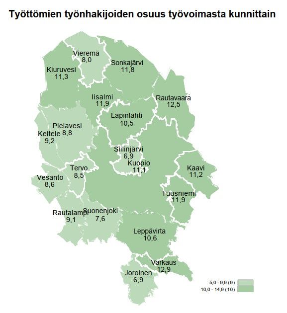 Työttömien työnhakijoiden osuus työvoimasta kunnittain Pohjois-Savossa