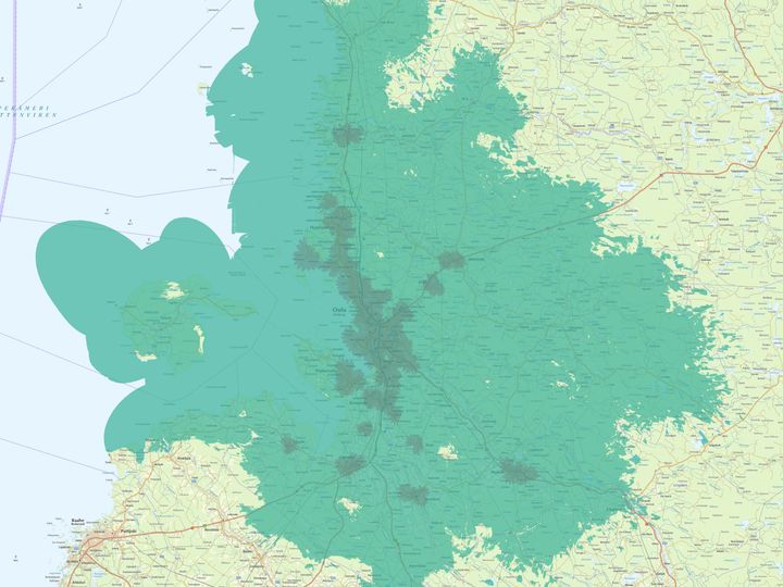 Kuvassa vaaleampi vihreä väri kuvaa normaalia 4G-/5G-peruspeittoa, ja tummempi vihreä erityisen nopeaa, 3,5 GHz:n taajuudella toimivaa 5G-verkkoa.