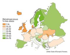 Metsämaan osuus prosentteina maa-alasta.