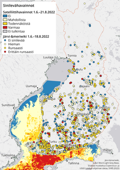 Yhteenveto kesä-elokuun aikana Järvi-meriwikiin tallennetuista sinilevähavainnoista ja satelliittihavaintojen perusteella tulkituista kesäkauden pintaleväalueista. Yhteenvetoon on koostettu kesän aikana eri alueilla tehdyt levähavainnot siten, että runsaimmat yksittäiset havainnot esitetään päällimmäisinä. Sinilevähavainnot: Järvi-meriwiki, valtakunnallinen sinileväseuranta ja SYKEn satelliittihavainnot. Satelliittihavaintojen ja Järvi-meriwikin havaintoluokittelun väriasteikot vastaavat toisiaan. © Sisältää muokattua Copernicus- ja USGS Landsat-ohjelman dataa, SYKE (2022).