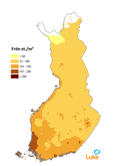 Figur 5. Preliminär prognos för tallens fröskörd för våren 2017 på basis av prognosmodeller och antalet små kottar.