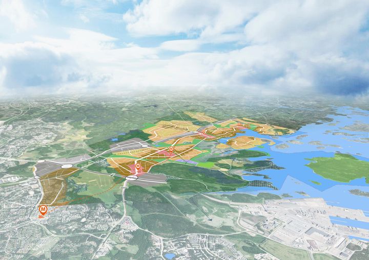 Östersundomin uusi yleiskaavaehdotus ilmakuvaan sovitettuna. Havainnekuva: Helsingin kaupunki