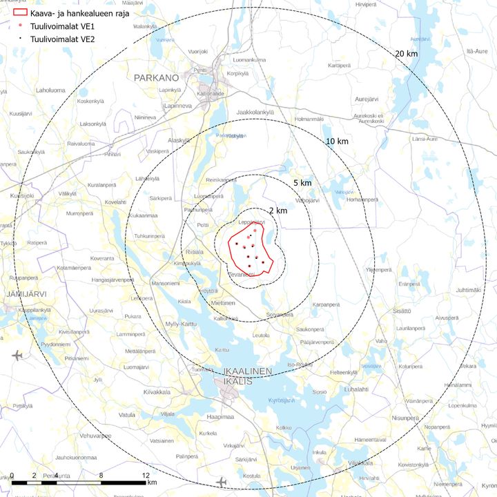 Tevaniemen alueelle Ikaalisiin suunnitellaan tuulivoimaloiden rakentamista. Kartta: Sitowise Oy