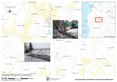 Arbetet med att bygga ett avtappningsrör från Lintuluoma till Säläisjärvi har inletts. Bilden består av en karta över Närpes ås tillrinningsområde i Kurikka samt två illustrationsbilder: på den ena bilden håller en grävmaskin på att gräva ner röret i marken och på den andra bilden ser man ändan på det nergrävda röret i ett vintrigt landskap.