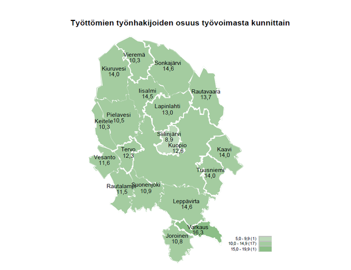 Työttömien työnhakijoiden osuus työvoimasta kunnittain Pohjois-Savossa, tammikuu 2021