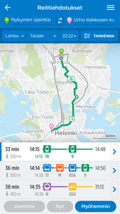 Uusi Reittiopas tarjoaa erilaisia reittivaihtoehtoja: ei vain samaa reittiä eri aikoihin.