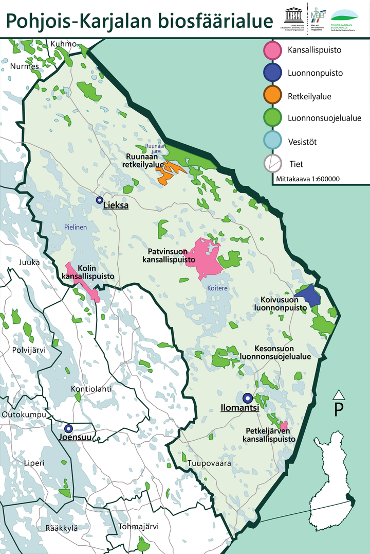 Pohjois-Karjalan biosfäärialue kattaa Lieksan ja Ilomantsin kunnat sekä Tuupovaaran alueen Joensuusta.
