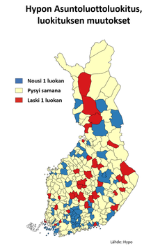 Vuoden 2022 luvuilla luokitus nousi 54 asuntomarkkina-alueella ja laski 35 alueella Hypon Asuntoluottoluokituksen uudessa päivityksessä.