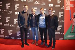 Jussi Vatanen, Juho Milonoff, Hannes Suominen ja Arttu Kapulainen vastasivat yleisön kysymyksiin Glasgow’n elokuvajuhlilla Tuntematon sotilas -elokuvan näytöksen jälkeen.