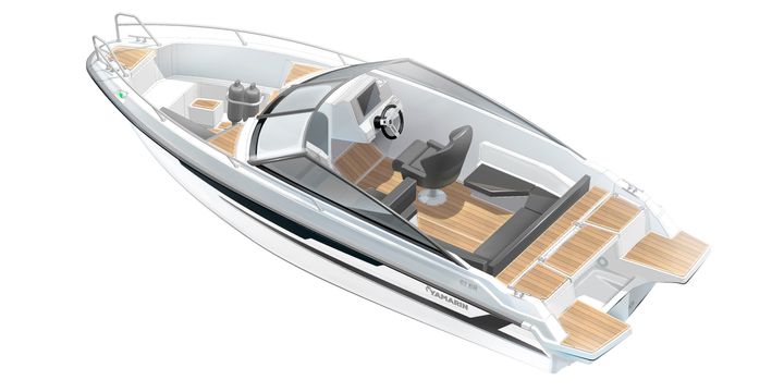 The Yamarin 63 Bow Rider has a generously dimensioned open space that provides plenty of room for leisure activities and relaxation on the water and can easily be converted for various purposes.The elegantly simplistic white lines are highlighted by dark-coloured cushions and black plexiglass details on the doors of the storage compartments, for example.