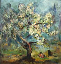 Eva Bremer: Blommande träd, odaterad, olja på masonit, 48,5 x 46 cm, Vasa stads museer, Österbottens museums samlingar. Foto: Österbottens museums fotoarkiv.