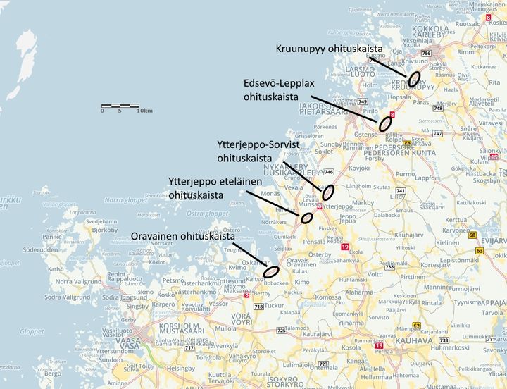 Suunniteltavien ohituskaistaosuuksien sijoittuminen kartalla.