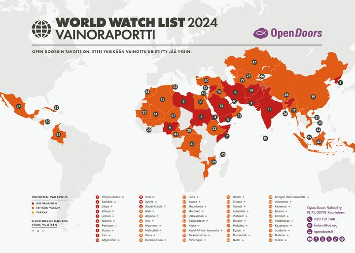 Karttakuva World Watch List -vainoraportin 50 maasta, joissa kristityt kohtaavat voimakkainta vainoa.