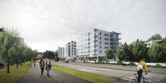 Fotografi av Gäddviks köpcentrum från söder. Bild: ArkkitehditNRT