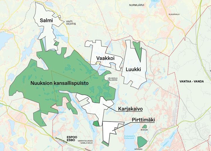 Nuuksion nykyinen kansallispuisto ja Helsingin kaupungin nykyisin omistamat alueet. Kansallispuistoon kuuluvat alueet on merkitty vihreällä.