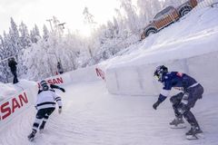 Robin Worling of Great Britain and Max Nymark of Finland compete during the Last Chance Qualifier at the fifth stage of the ATSX Ice Cross Downhill World Championship at the Red Bull Crashed Ice in Jyvaskyla, Finland on February 1, 2019.
Photocredit: Red Bull Content Pool / Daniel Grund