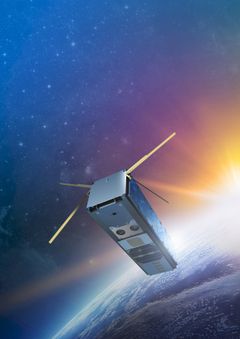 Taiteilijan näkemys satelliitista avaruudessa.