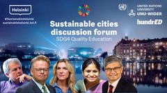 Sustainable Cities -keskustelufoorumissa puhuvat kehitysekonomisti Lant Pritchett, Helsingin pormestari Juhana Vartiainen, kirjailija Anya Kamenetz, apulaisjohtaja Varsha Pillai ja UNU-WIDER-johtaja Kunal Sen.