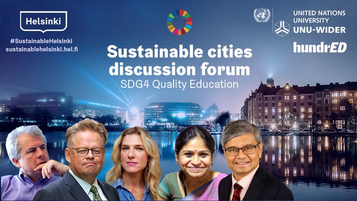 Sustainable Cities -keskustelufoorumissa puhuvat kehitysekonomisti Lant Pritchett, Helsingin pormestari Juhana Vartiainen, kirjailija Anya Kamenetz, apulaisjohtaja Varsha Pillai ja UNU-WIDER-johtaja Kunal Sen.