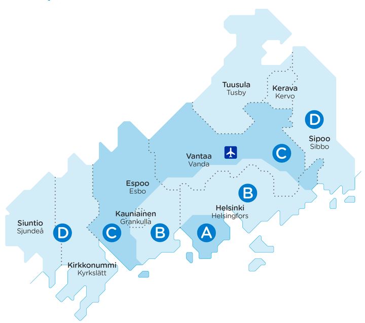 Helsingin seutu on jaettu neljään vyöhykkeeseen ABCD, jotka piirtyvät noin 10 kilometrin levyisiksi kaariksi Helsingin keskustan ympärille.