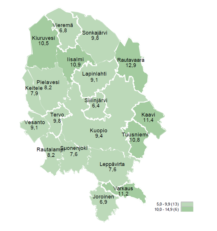 Työttömien työnhakijoiden osuus työvoimasta kunnittain Pohjois-Savossa.