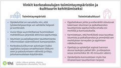 Kuva 4. Vinkit korkeakoulujen toimintaympäristön ja -kulttuurin kehittämiseksi