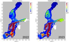 Pohjakerroksen fosfaattipitoisuus talvella 2022 ja talvella 2023.