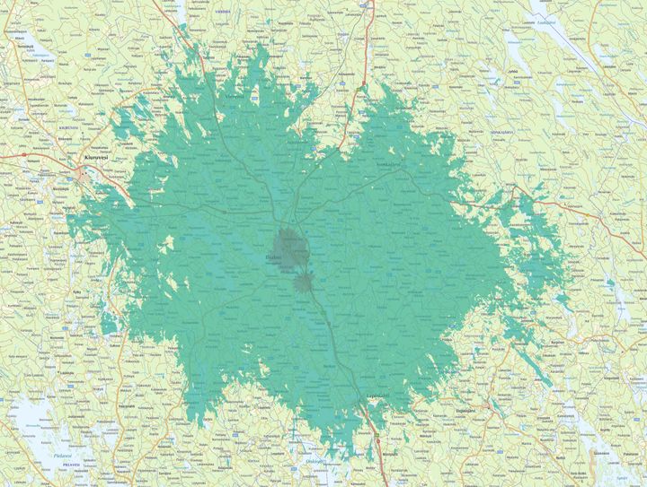 Kuvassa vaaleampi vihreä väri kuvaa normaalia 4G-/5G-peruspeittoa, ja tummempi vihreä erityisen nopeaa, 3,5 GHz:n taajuudella toimivaa 5G-verkkoa.