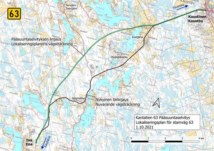 Jatkosuunnitteluun valittava linjaus kantatiellä 63 välillä Ina-Kaustinen.