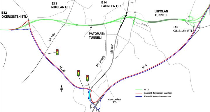 Tunnelinsulun aikana kiertotie kulkee maantien 296, maantien 167 ja valtatien 4 kautta.