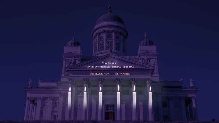 Kuva on ruutukaappaus valotaideteoksen havainnevideosta, valoteos on nähtävillä keskiviikosta 11.11. kello 6 alkaen.