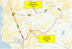 Omväg via Metsäkulmantie
Broarbete: Pitkäsillantie avstängd.