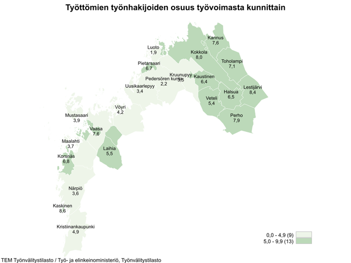 Työttömien työnhakijoiden määrä pienentyi kaikissa Pohjanmaan ELY-keskusalueen seutukunnissa.
