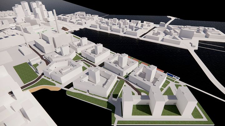 Luonnos Hanasaaren kaupunkirakenteesta. Kuva: Helsingin kaupunkiympäristön toimiala.