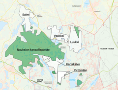 Noux nuvarande nationalpark och de områden som nu ägs av Helsingfors stad. De områden som hör till nationalparken är utmärkta i grönt.
