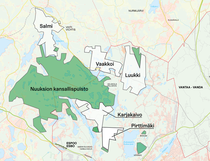 Noux nuvarande nationalpark och de områden som nu ägs av Helsingfors stad. De områden som hör till nationalparken är utmärkta i grönt.