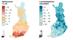 Kuva 1. Hellesumman (kartta oikealla) ja lumipeitteisten päivien lukumäärän muutos vuosien 1961–1990 ja 1991–2020 välillä. Pikkukartoissa on mustalla värillä esitetty alueet, joilla muutos on tilastollisesti merkitsevä 5 %:n riskitasolla. Hellesumma tarkoittaa yli +25 °C nousevien vuorokauden ylimpien lämpötilojen kumulatiivista summaa, joka on laskettu viiden vuorokauden juoksevana keskiarvona. Lumipeitepäivät laskettiin syyskuun alusta aina seuraavan vuoden elokuun loppuun asti. Laskelmaan huomiotiin päivät, jolloin lumipeitteen paksuus oli > 1 cm. © Syke