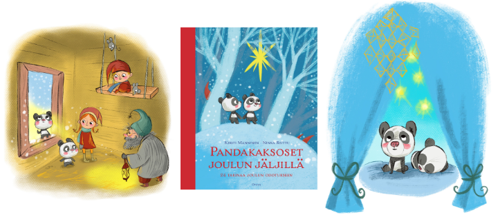 Lokakuun alussa ilmestyvässä Pandakaksoset joulun jäljillä -kirjassa on Ninka Reitun hurmaava kuvitus.